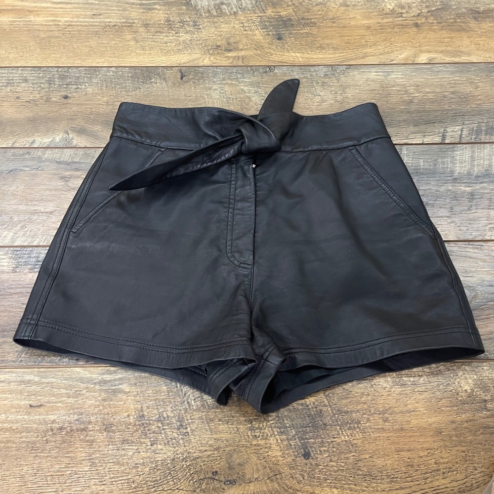 A.L.C. Black Lamb Leather High Rise Tie Waist Shorts Size 6 Minimalist Luxury